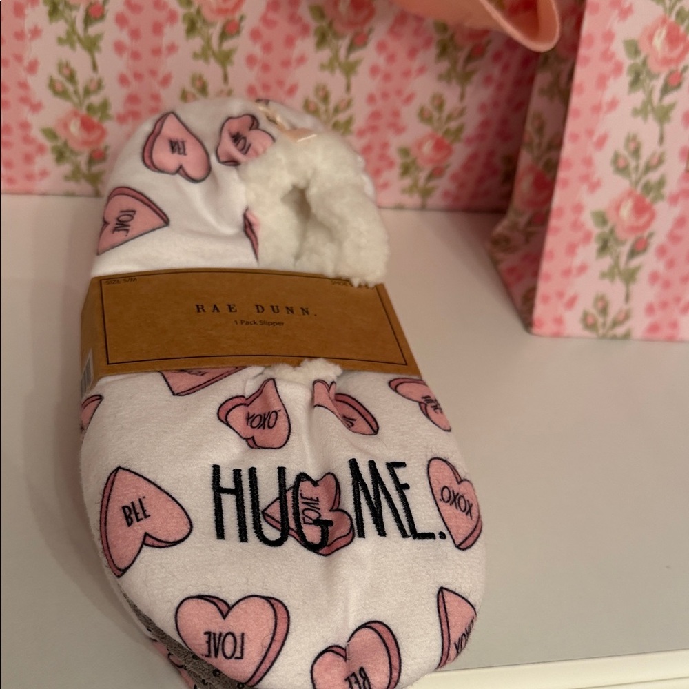 Rae Dunn White Slippers with Pink Hearts
